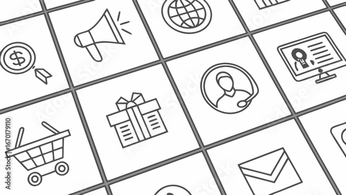 Marketing icons business strategy online shopping customer service digital communication e-commerce web design app design gray simple minimal line art graphic vector illustration flat design grid net.