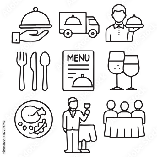 Catering line icon set. Catering service, food, delivery of ready meals, guest service, menu for event, banquet vector