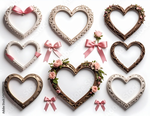 A Romantic Collection of Ornate Rustic and Floral HeartShaped Frames with Pink Bows.