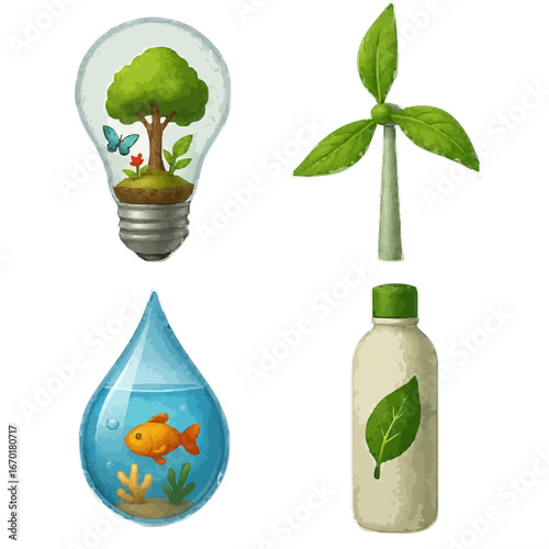 Earth Day Eco Icons – Bulb Ecosystem, Leaf Wind Turbine, Water Drop Aquarium, Reusable Bottle