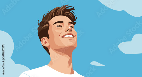 Illustration of a young man smiling happily against a clear sky, suitable for motivational content, greeting cards, health topics, publications promoting positivity and self-improvement
