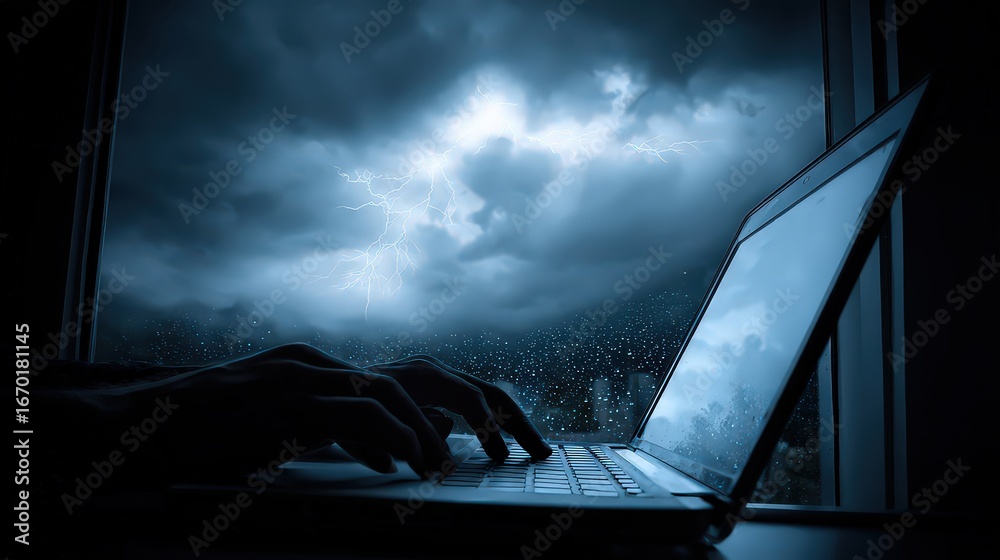 Naklejka premium Nighttime Silhouette Typing On Laptop