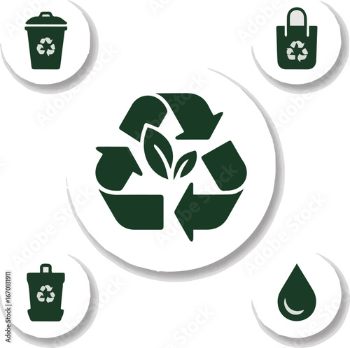 Isolated a Recycling and packaging glyph icon set. Vector pictograms of compostable, biodegradable, leaf, reusable, trash bin, umbrella, raindrop, fragile, vector art silhouette with white background.
