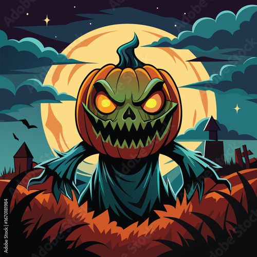 Orange and black spooky Halloween pumpkin on the moon with bats in the dark nightOrange and black spooky Halloween pumpkin on the moon with bats in the dark night