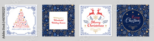 Ornate Trendy square Merry Christmas greeting cards. Winter Holidays art Design templates