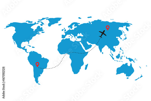 Airplane flight path with red destination and dotted line. Dotted line path on world map background.