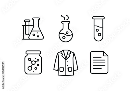 simple outline stroke icon isolated on white background: science experiment flask smoke chemical vial reaction jar lab coat notebook page