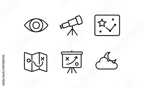 simple outline stroke icon isolated on white background: visionary lens telescope tube chart future map plan board dream scope