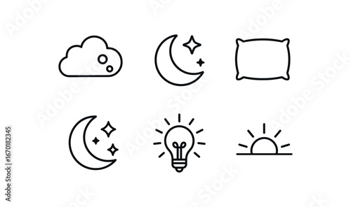 simple outline stroke icon isolated on white background: dream cloud moon bed pillow night sky idea spark hope line