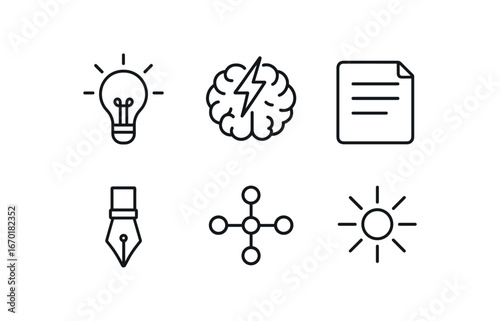simple outline stroke icon isolated on white background: idea bulb brain spark paper note sketch pen mind map light ray