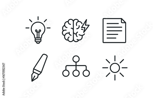 simple outline stroke icon isolated on white background: idea bulb brain spark paper note sketch pen mind map light ray