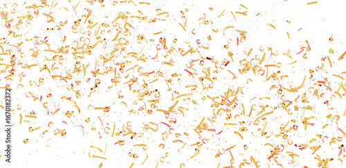 High-resolution image of golden confetti falling on a white background, perfect for celebrations and festive designs.