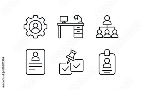simple outline stroke icon isolated on white background: role gear office desk team chart manager file task pin member tag