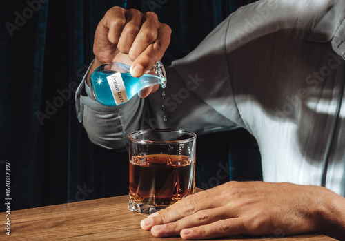 Irony of abuse with male hand pouring female tears into whiskey at bar