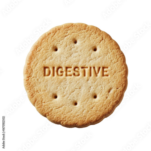 A pristine traditional british digestive biscuit, golden-brown with porous texture and 'DIGESTIVE' stamped, isolated on a transparent background, studio macro shot, Concept for snack food advertising