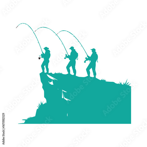 Vector art of three fishermen silhouettes standing on a cliff edge, casting their fishing rods into the water below