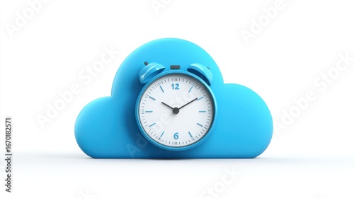 Cloud computing time management concept with blue clock and cloud symbol