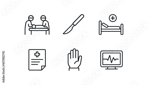 simple outline stroke icon isolated on white background: surgical operation scalpel tool patient bed medical chart doctor hand monitor beep