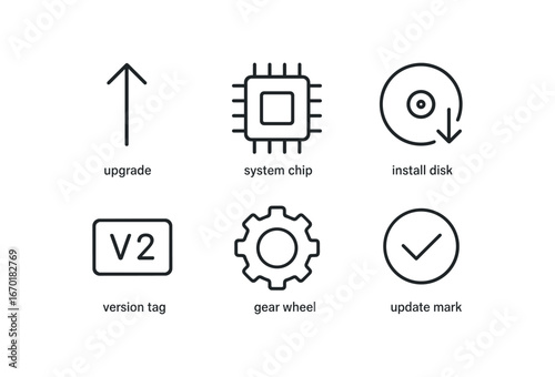 simple outline stroke icon isolated on white background: upgrade arrow system chip install disk version tag gear wheel update mark