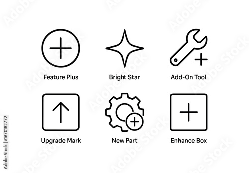 simple outline stroke icon isolated on white background: feature plus bright add on tool upgrade mark new part enhance box