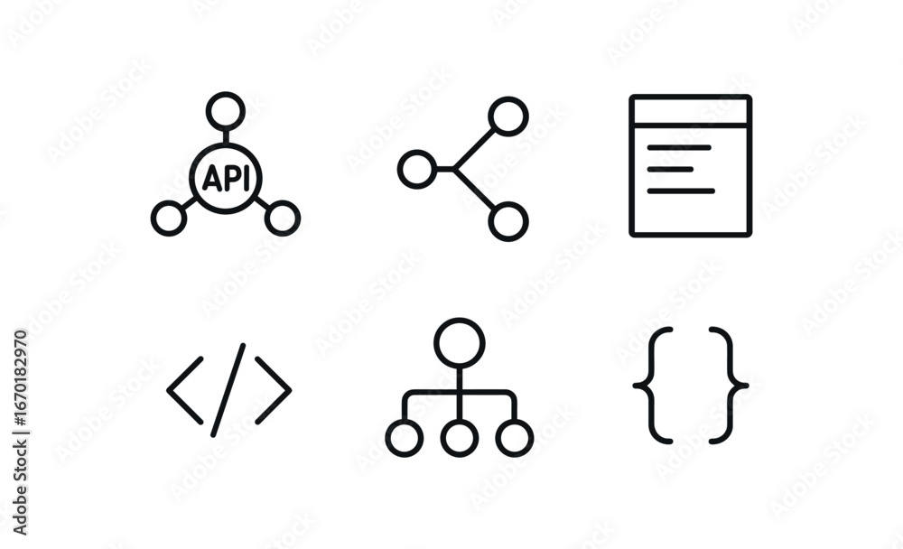 simple outline stroke icon isolated on white background: api node connect line data packet code network hub json tag