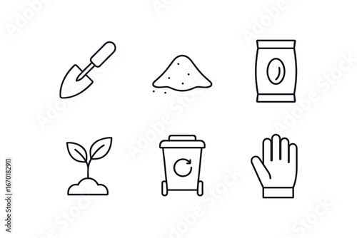 simple outline stroke icon isolated on white background: garden trowel soil pile seed bag sprout leaf compost bin garden glove