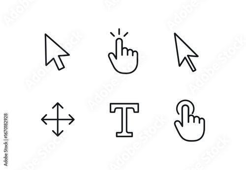 simple outline stroke icon isolated on white background: mouse cursor click hand pointer arrow drag move text select hover tap