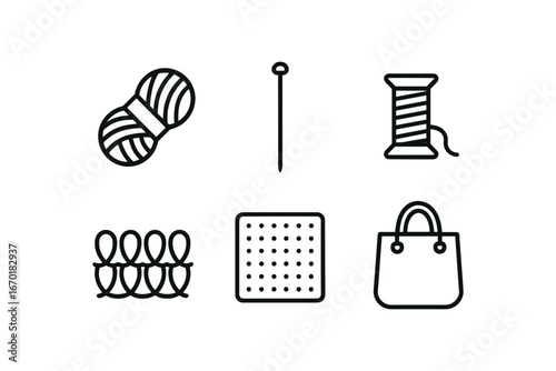 simple outline stroke icon isolated on white background: yarn skein knit needle thread roll loop row fabric craft bag