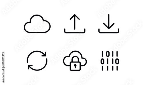 simple outline stroke icon isolated on white background: cloud storage upload arrow download arrow sync loop cloud lock data stream