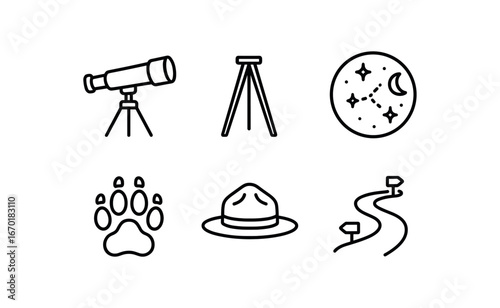 simple outline stroke icon isolated on white background: field scope tripod stand sky map wildlife track ranger hat trail path