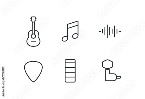 simple outline stroke icon isolated on white background: acoustic guitar music note sound wave guitar pick fretboard neck tuning peg
