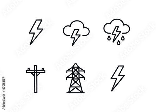 simple outline stroke icon isolated on white background: lightning bolt thunder cloud sky power line electric tower