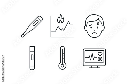 simple outline stroke icon isolated on white background: digital thermometer fever chart patient face test strip mercury tube vitals screen