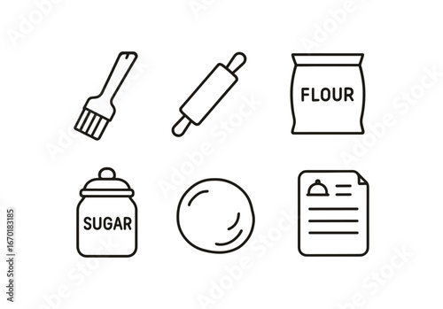 simple outline stroke icon isolated on white background: pastry brush rolling pin flour bag sugar jar dough ball recipe card