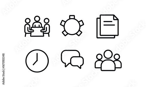 simple outline stroke icon isolated on white background: meeting round table note sheets clock mark chat bubbles group figures