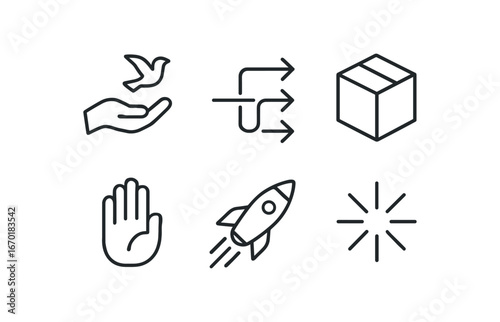 simple outline stroke icon isolated on white background: release arrow flow box icon hand mark launch line signal burst