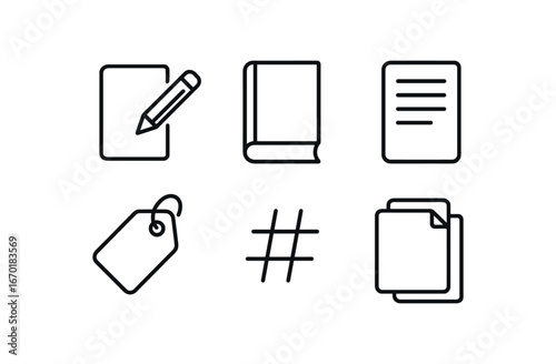 simple outline stroke icon isolated on white background: edition book cover page lines label tag number mark copy sheet