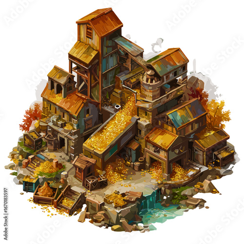 A magnificent golden factory is in full swing, with tall smokestacks emitting billows of smoke. The factory, surrounded by rocky terrain and autumn trees, is processing molten gold that spills over th