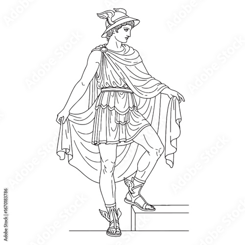 Elegant Hermes Vector – Messenger God Illustration with Caduceus Icon – Hermes Drawing – Line Art Drawing of Hermes – Hermes Icon – Greek God Vector