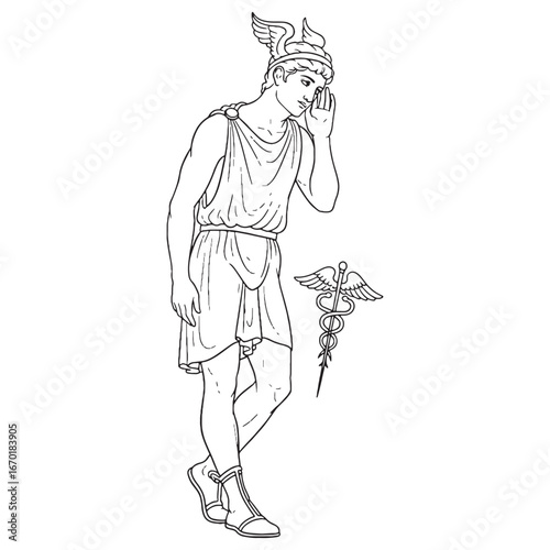 Divine Hermes Line Art – Mythical Messenger God Drawing with Trade Symbols – Hermes Drawing – Vector of Hermes – Hermes Outline – Greek God Lineart