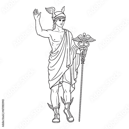 Hermes Vector Drawing – Greek God Icon with Swift Winged Sandals – Hermes Drawing – Line Art Drawing of Hermes – Hermes Icon – Greek God Vector