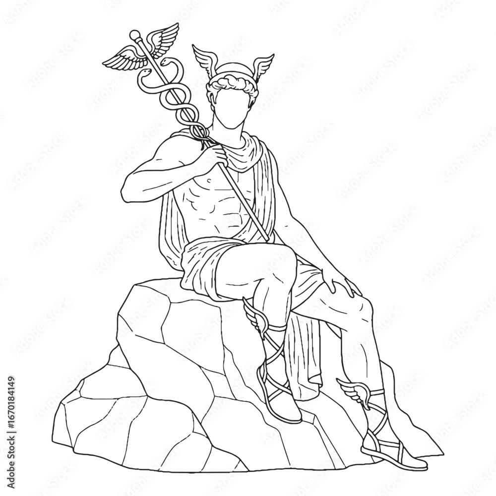 Fototapeta premium Celestial Hermes Line Art – Messenger God Drawing with Caduceus Details – Hermes Drawing – Vector of Hermes – Hermes Outline – Greek God Lineart