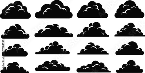 Cloud icon set, black silhouette clouds, weather symbols, graphic design elements, puff shapes, minimal style, forecast, vector, bold, pack