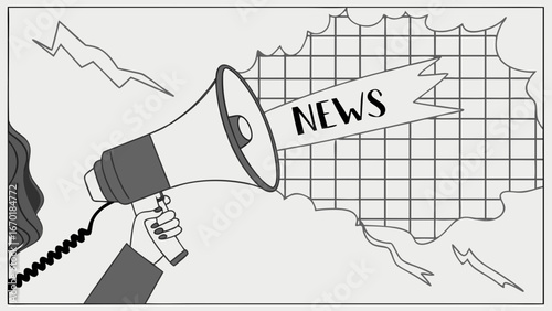 Headline Illustration News Announcement with Megaphone and Breaking Graphic.