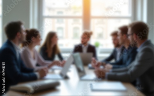 Blur office meeting blurred background with business people working group in boardroom discussion for teamwork brainstorming, executive seminar or professional training in small startup enterprise