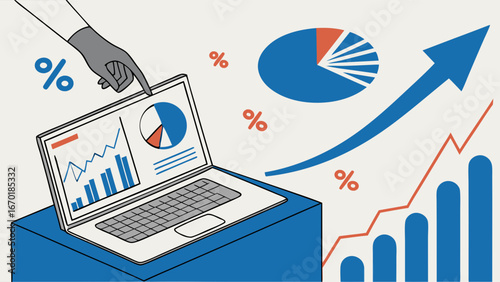 Laptop screen displaying charts and graphs showing growth upward trend data analysis financial report business success progress statistics analytics infographic marketing economy finance technology d.
