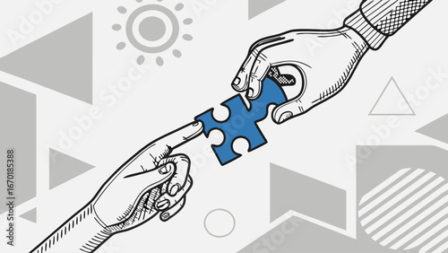 Hands Joining Jigsaw Puzzle Piece.