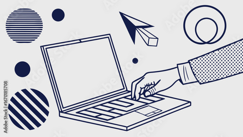 Abstract illustration of a hand interacting with a laptop with geometric shapes.