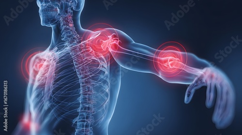 Digital medical illustration of human skeleton highlighting joint pain, arthritis inflammation, and musculoskeletal health issues