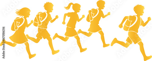 Vector Golden Children Silhouette Going to School Together
